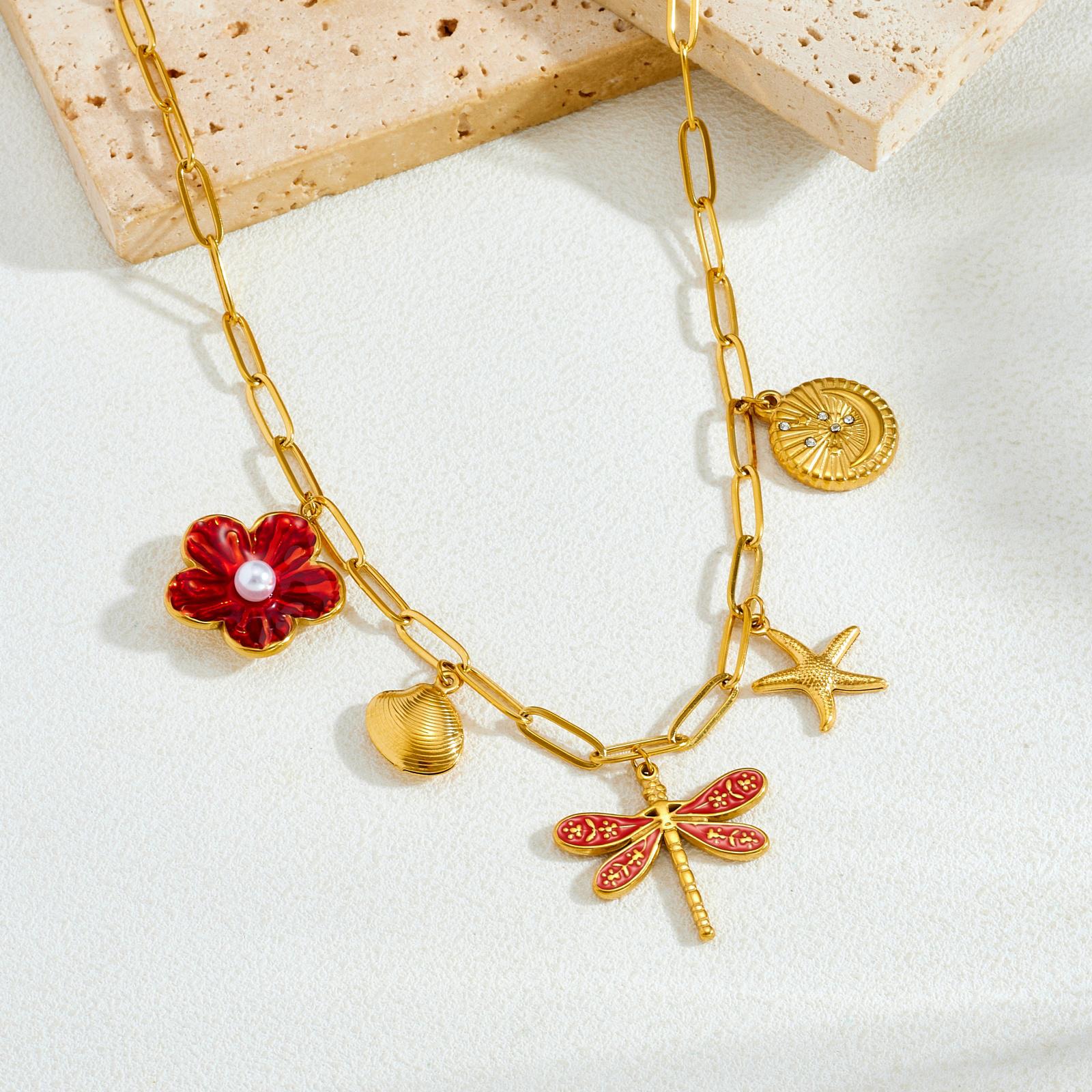 French Retro Enamel Flower Dragonfly Multi Pendant Necklace